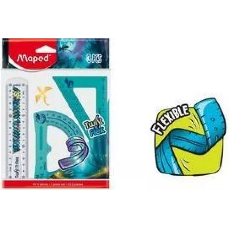 Maped Twist'n Flex Dragon geometrijos rinkinys, 3 dalių, lankstus plastikas, nesulaužomas, 15 cm liniuotė, 180° matuoklis, 45°/45°/90° kampainis 981898