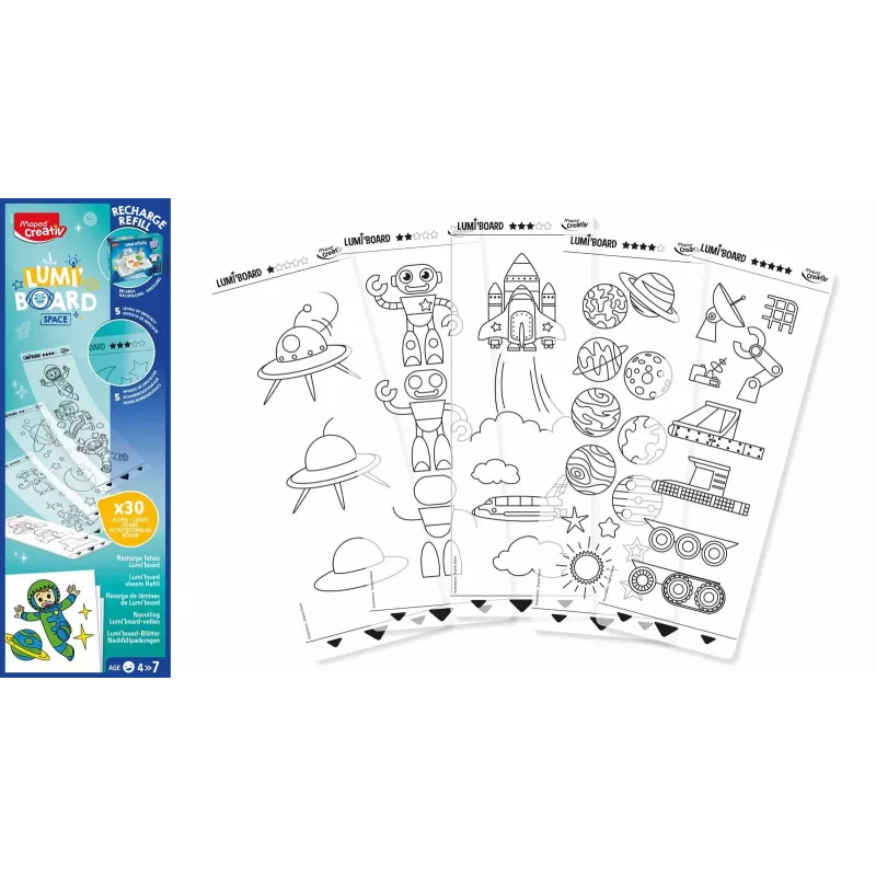 Maped Creativ LUMI BOARD Space papildymo rinkinys - 35 atsekimo ir teminiai lapai LED šviesos stalams 907097
