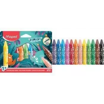 Maped Jungle Fever Jumbo trikampės vaško kreidelės, 12 skirtingų spalvų, gyvūnų motyvai, kartoninė dėžutė, nuo 1 metų
