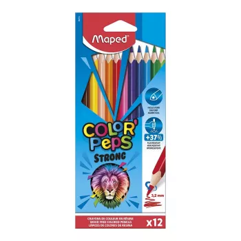Maped COLOR'PEPS STRONG trikampiai spalvoti pieštukai, 12 skirtingų spalvų, 3,2 mm lūžimui atsparus švinas, kartoninė dėžutė 862712