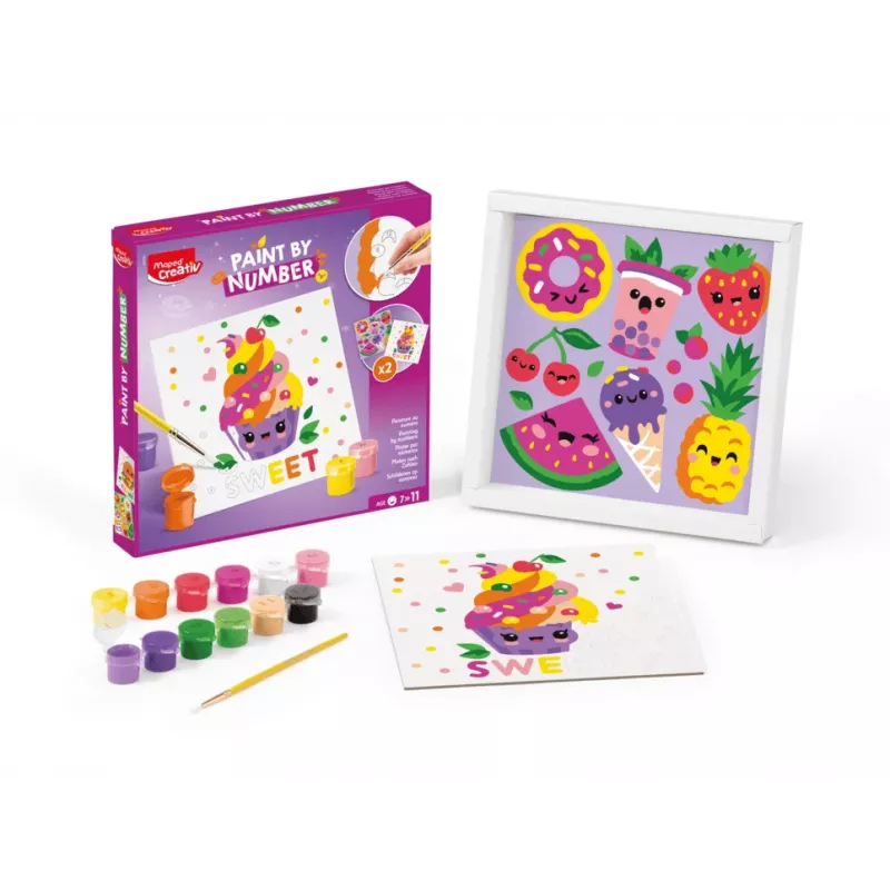 Maped Creativ dažymo pagal skaičius rinkinys Kawaii Food Sweet - 2 iš anksto atspausdinti drobės, 10 akrilinių dažų, teptukas, nuo 7 metų 907088