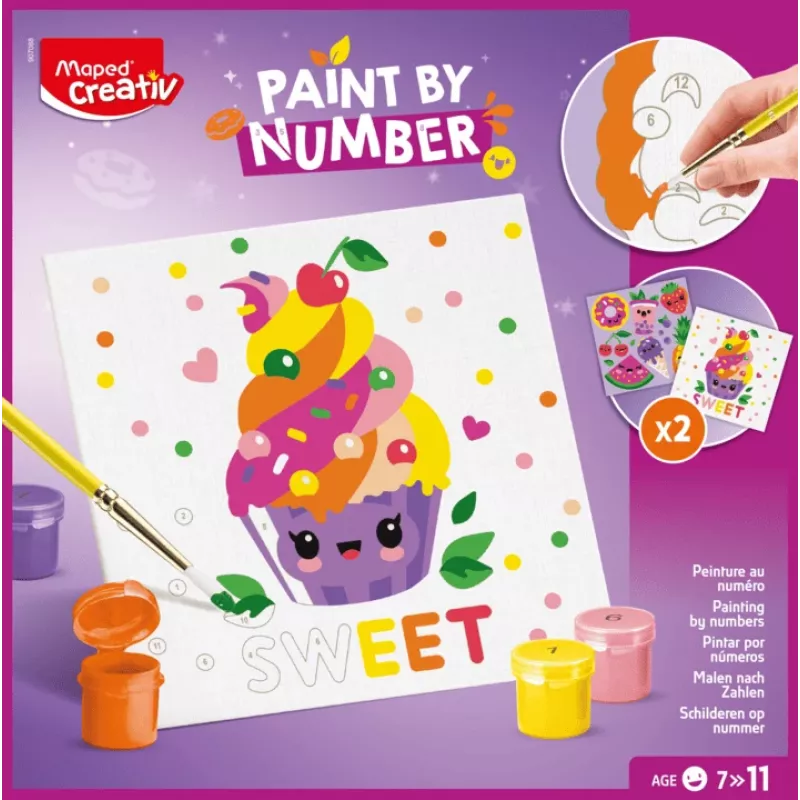 Maped Creativ dažymo pagal skaičius rinkinys Kawaii Food Sweet - 2 iš anksto atspausdinti drobės, 10 akrilinių dažų, teptukas, nuo 7 metų 907088