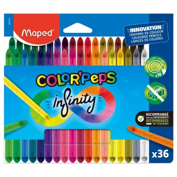 Maped COLOR'PEPS INFINITY trikampės spalvotos pieštukai, 36 skirtingų spalvų, be medienos 100% pigmento šerdis, tarnauja 10x ilgiau, ergonominis dėklas 861623