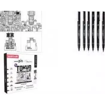 uni-ball Fineliner PIN TOKYO, 6 dalių kūrybinis rinkinys, vandeniui atsparūs pigmentiniai rašalai, metaliniais įmovomis antgaliai (CF PIN/6 001)