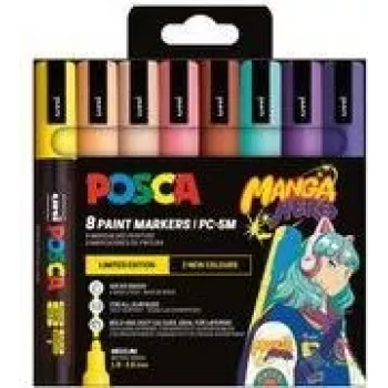 POSCA PC-5M pigmentinių markerių rinkinys, 8 spalvos, Manga Hero, vidutinio apvalaus antgalio, atsparus vandeniui, atsparus šviesai, bekvapis PC5M/8APF ASS74