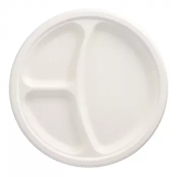 PAPSTAR pure cukranendrių lėkštė, apvali, 260 mm, 3 skyrių, kompostuojama, tinkama mikrobangų krosnelei, 1 vnt. 89739