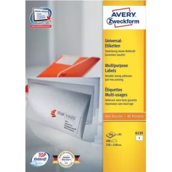 Avery 6135 baltos popierinės etiketės su nuolatiniu klijų sluoksniu, A4, 210 x 148 mm, 200 vnt.