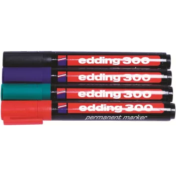 Edding 300-E4 Permanentinis Markeris, 4 Spalvų Rinkinys (Juodas, Mėlynas, Žalias, Raudonas), Kaltinis Antgalis 1-5 mm 4-300-4