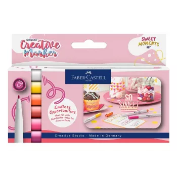 Faber-Castell Goldfaber Creative Marker rinkinys, 6 spalvos, Sweet Moments, vandeniniais dažais, bekvapiai, nesitepantys, dvigaliu antgaliu šepetėliu ir apvaliu antgaliu, daugkartinio naudojimo dėklas 160602