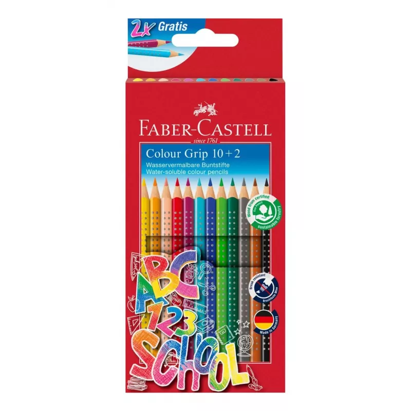 Faber-Castell Colour GRIP trikampės spalvotos pieštukai, įvairių spalvų, 10 vnt., Soft-Grip zona, nesilaužiantis 3,3 mm šerdis, vandeninė lako danga, promo dėklas 201585