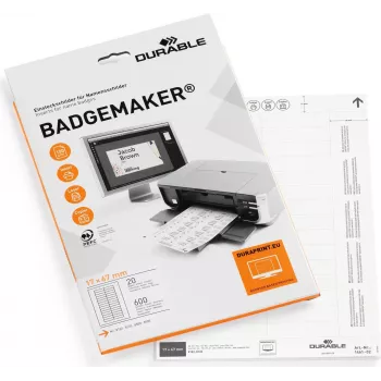 DURABLE BADGEMAKER® įdėklo etiketės 67 x 17 mm, baltos, 400 etikečių, A4 lapai, rašaliniams ir lazeriniams spausdintuvams 146102