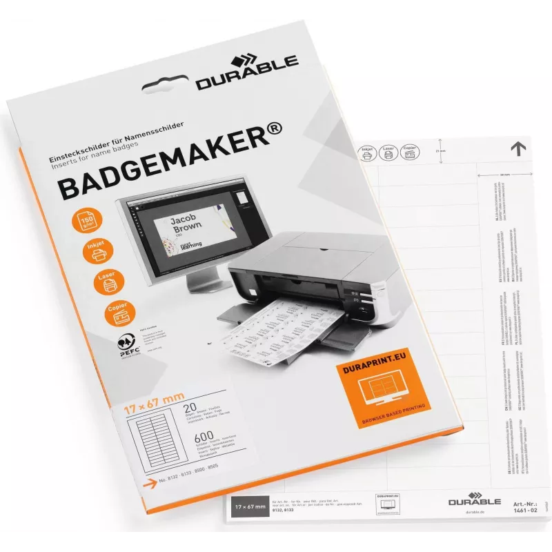 DURABLE BADGEMAKER® įdėklo etiketės 67 x 17 mm, baltos, 400 etikečių, A4 lapai, rašaliniams ir lazeriniams spausdintuvams 146102