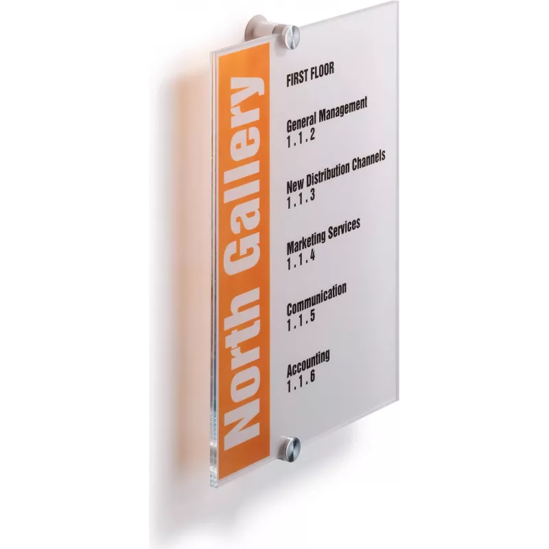 DURABLE CRYSTAL SIGN A4 portretinė durelių iškaba, permatomas akrilas, tvirtinimas varžtais 482519