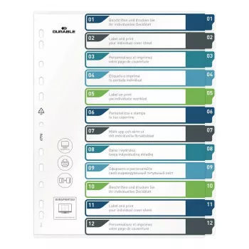 DURABLE 679627 A4+ polipropileno tušti skiriamieji lapai, įvairiaspalviai, portretinė orientacija, 0,27 mm, 11 skylių universalus perforavimas