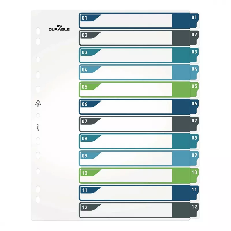 DURABLE 679627 A4+ polipropileno tušti skiriamieji lapai, įvairiaspalviai, portretinė orientacija, 0,27 mm, 11 skylių universalus perforavimas