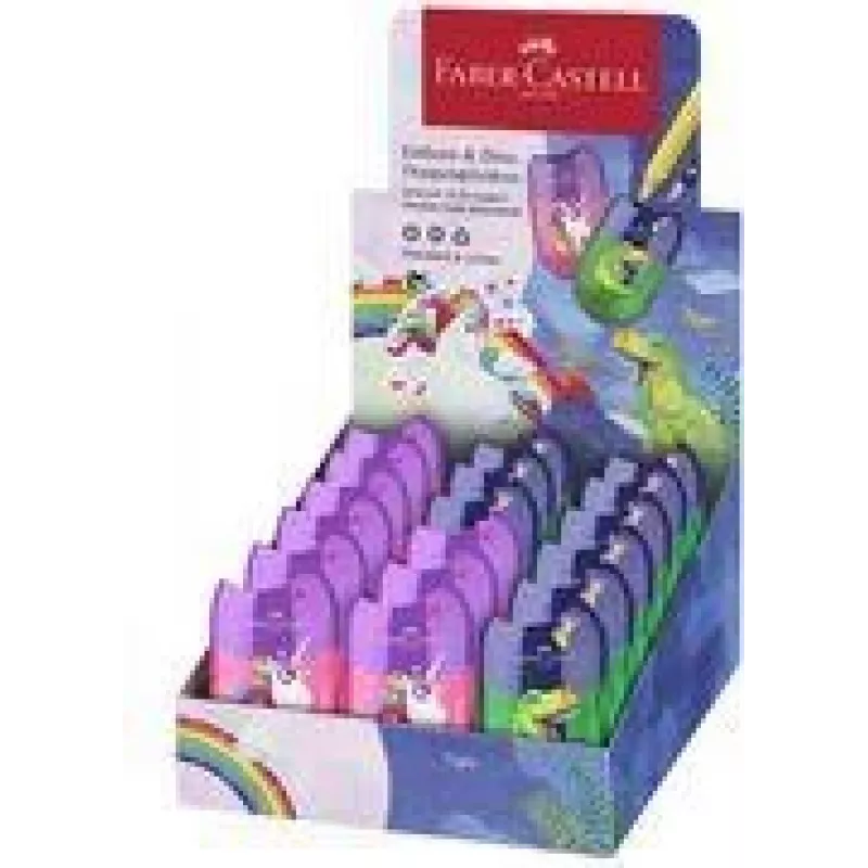 FABER-CASTELL Dvigubas drožtukas Dino/Unicorn su drožlių talpykla, 18 vnt. (183551)