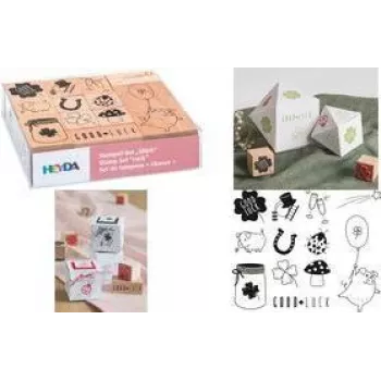 HEYDA Motif Stamp Set Luck, rinkinys medinių antspaudų įvairių dydžių ir dizainų, permatomoje dėžutėje, 1 rinkinys (204888666)