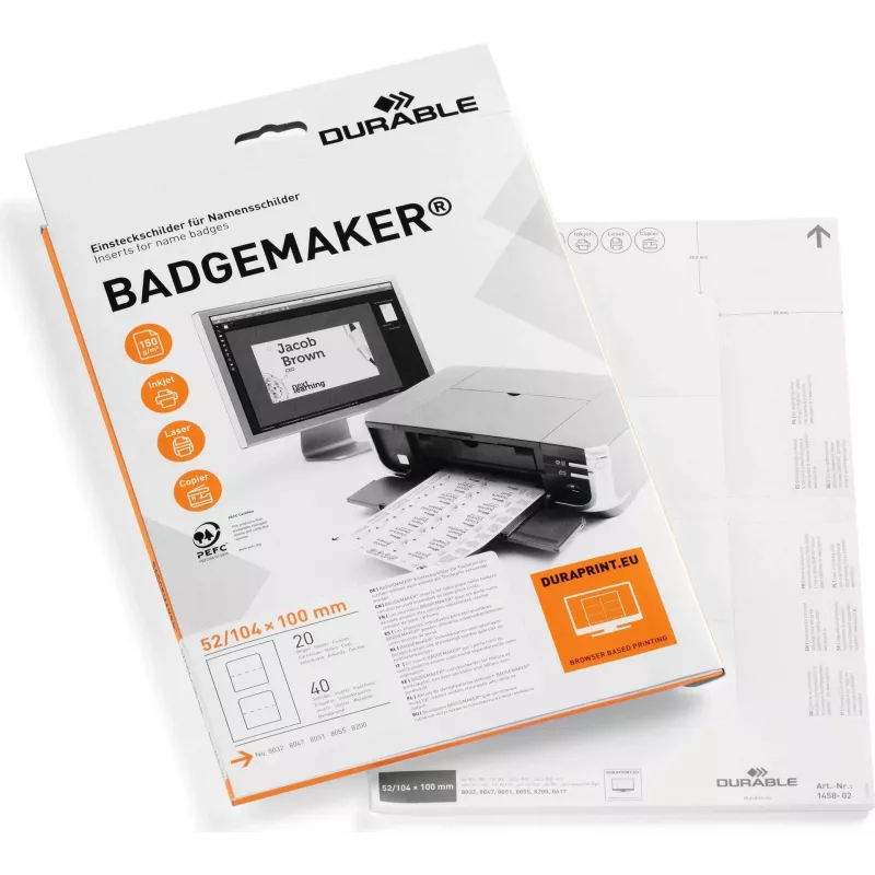 DURABLE BADGEMAKER įdėklo etiketės 52 x 100 mm, baltos, 100 vnt. 145802