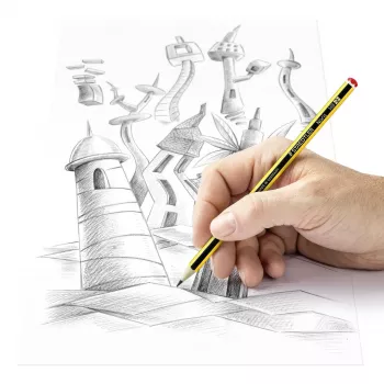Staedtler Noris HB grafito pieštukų rinkinys, 10 vnt., geltonai juodomis juostelėmis, šešiakampis, FSC mediena, super klijuotas švinas, EN 71 120-2BK10D