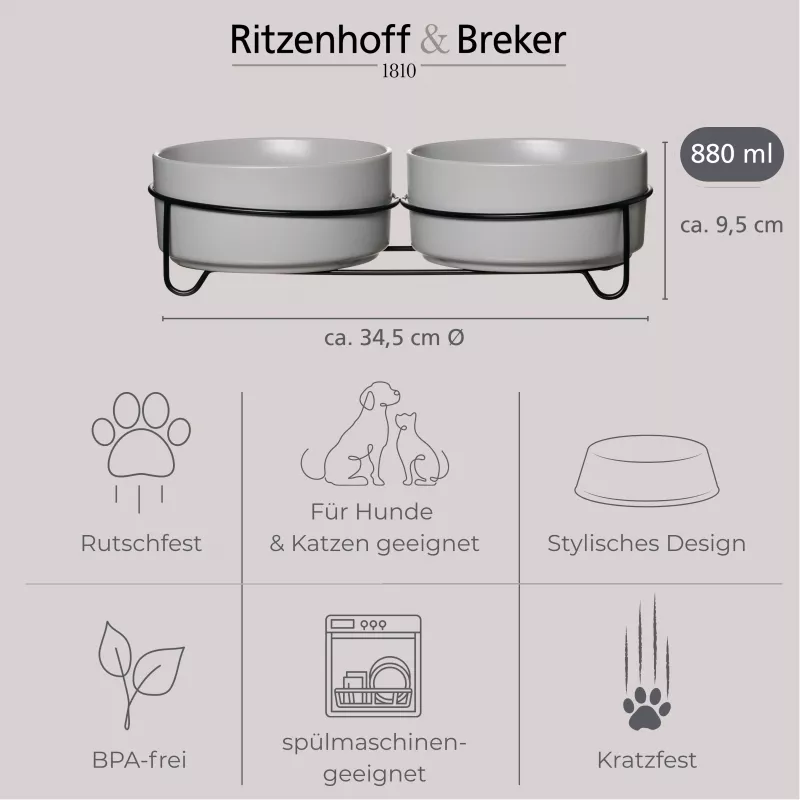 Ritzenhoff & Breker TARO dvigubų dubenėlių rinkinys augintiniams, 880 ml, pilki akmens masės su juodu metaliniu stovu 450521