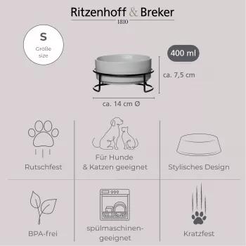 Ritzenhoff & Breker TARO gyvūnų dubenėlių rinkinys, 400 ml, pilkos spalvos keramikos dubenėlis katėms ir mažiems šunims, vandeniui ir maistui, 1 vnt. (450514)