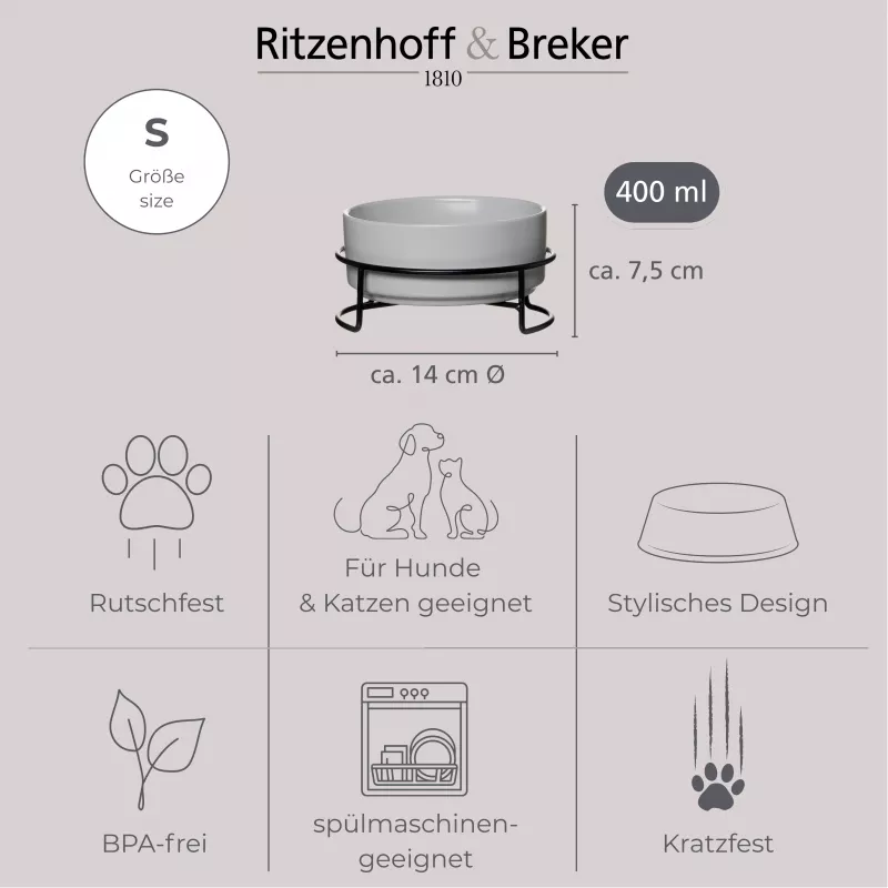 Ritzenhoff & Breker TARO gyvūnų dubenėlių rinkinys, 400 ml, pilkos spalvos keramikos dubenėlis katėms ir mažiems šunims, vandeniui ir maistui, 1 vnt. (450514)