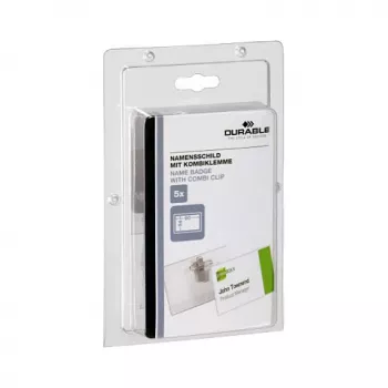 DURABLE vardinių kortelių laikiklis 90x54 mm su kombinuotu segtuku, permatomas, 5 vnt. (861019)