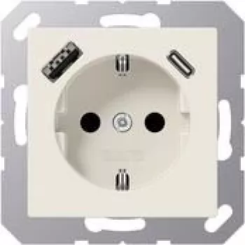 JUNG A 1520-15 CA SCHUKO kištukinis lizdas 16 A 250 V su USB įkrovikliu 1 x A tipo + 1 x C tipo, Safety Plus, AS serija, baltas (dramblio kaulo)