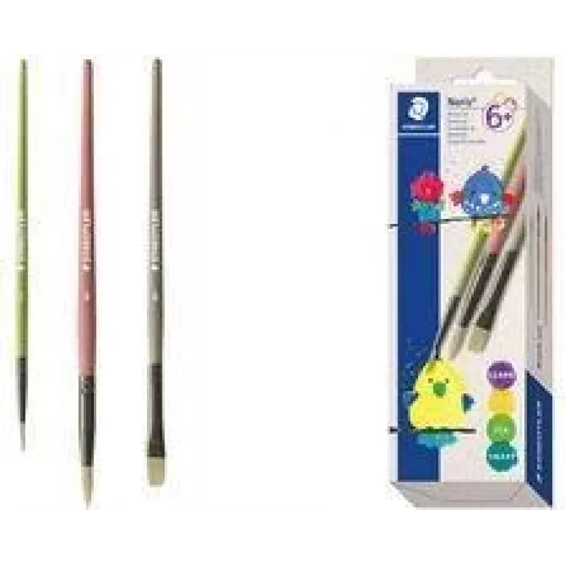 STAEDTLER Noris sintetinių teptukų rinkinys, 3 dalių, įvairių spalvų, perdirbto plastiko koteliai, metalinės įmovos (989R-S BK3)