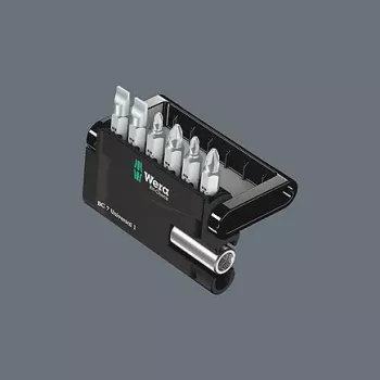Wera 05073406001 nerūdijančio plieno atsuktuvų antgalių rinkinys, 7 dalių, Phillips PH1/PH2, Pozidriv PZ1/PZ2, plokščias 1,0x5,5, Hex-Plus 4/5 mm, 1/4 colio šešiabriaunis kotas, 25 mm ilgio