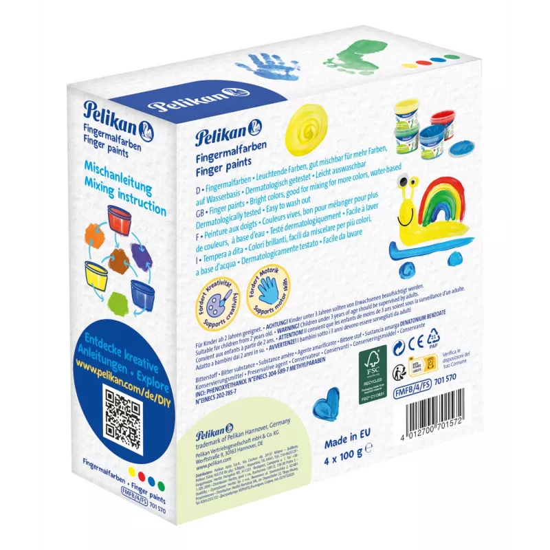 Pelikan Finger Paint Basic Colours, 4 dalių rinkinys, vandeniniai dažai, dermatologiškai testuoti, lengvai nuplaunami - 1 vnt. (701570)