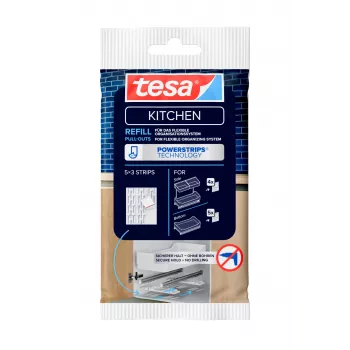 tesa KITCHEN Powerstrips papildymo rinkinys virtuvės spintelių ištraukiamiesiems stalčiams – 15 lipnių juostelių, baltos (70064-00000-00)
