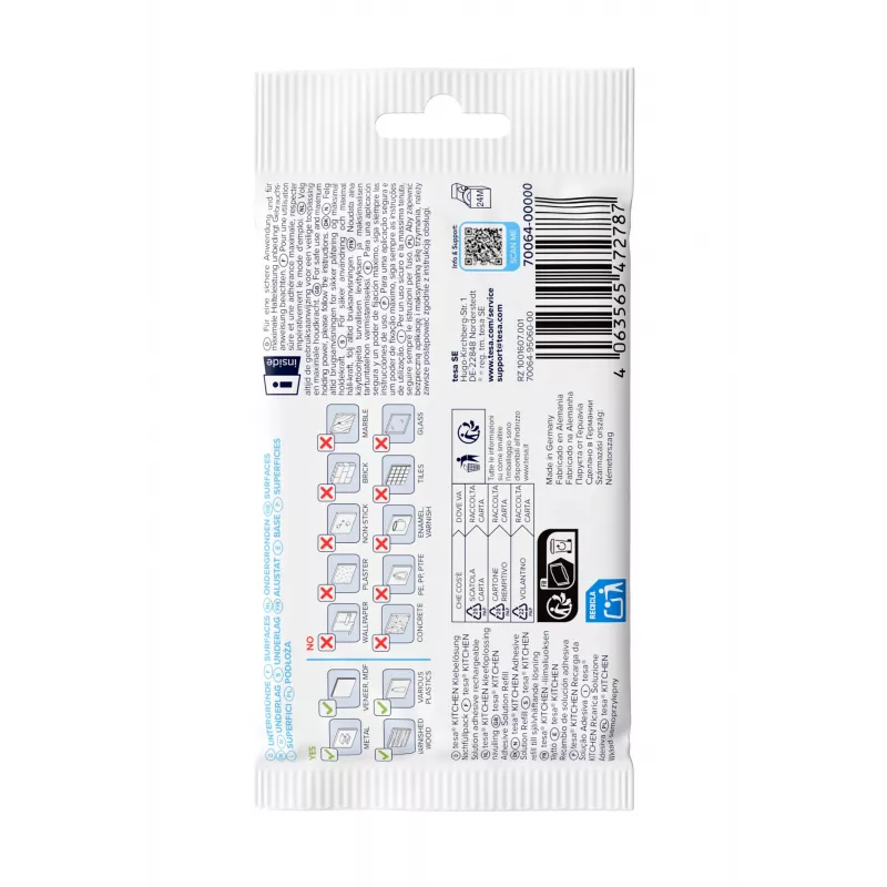 tesa KITCHEN Powerstrips papildymo rinkinys virtuvės spintelių ištraukiamiesiems stalčiams – 15 lipnių juostelių, baltos (70064-00000-00)
