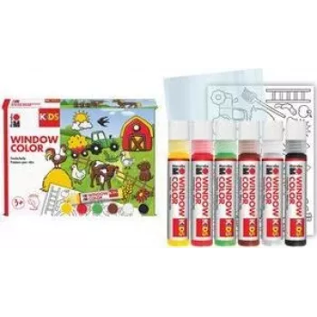 Marabu KiDS Window Color Set Farm, 6 x 25 ml nusilupantys dažai langams, vandeniniai, nuimami, 1 rinkinys (0306000000006)