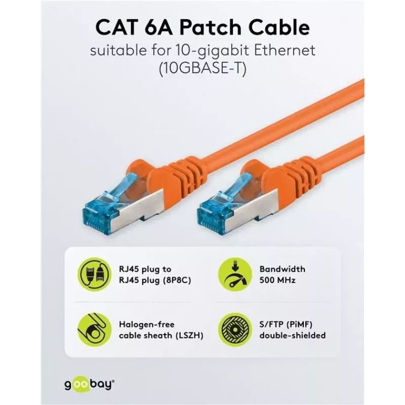 Wentronic CAT6a S/FTP tinklo kabelis, RJ45 vyriškas-vyriškas, 1,5 m, oranžinis, LSZH, 10 Gbps, 500 MHz 95605