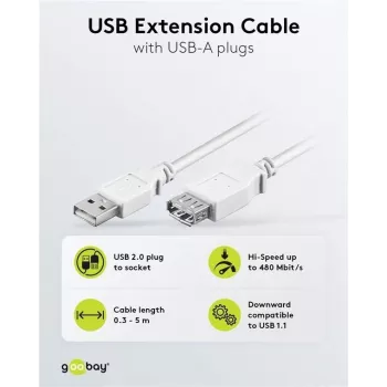 Wentronic USB 2.0 A male to female prailginimo kabelis 5m, baltas, 96288