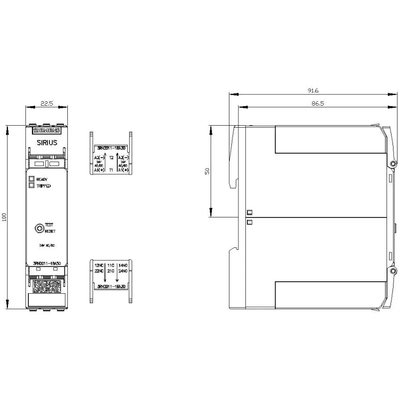 Siemens SIRIUS 3RN2 Termistoriaus variklio apsaugos relė 3RN2011-1BA30, 24 V AC/DC, 1 NO + 1 NC, varžtiniai gnybtai, DIN bėgelis
