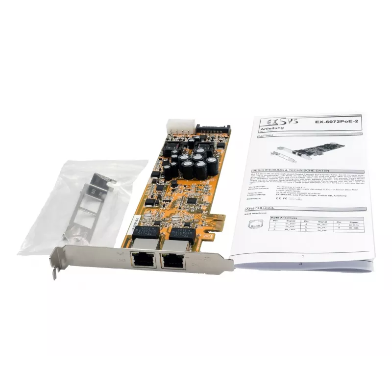 EXSYS EX-6072POE-2 dviejų gigabitinių Ethernet prievadų PCIe tinklo plokštė su PoE, žemo profilio