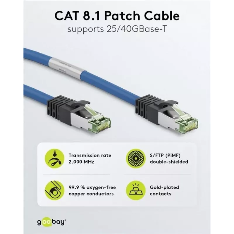 Wentronic Goobay CAT 8.1 tinklo kabelis, S/FTP (PiMF), mėlynas, 2 m - LSZH be halogenų, varis AWG 24 (45660)