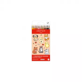 CARAN D'ACHE Swisscolor Kawaii Animals akvareliniai spalvoti pieštukai, rinkinys iš 12, kedro mediena, šešiakampiai 1285.803