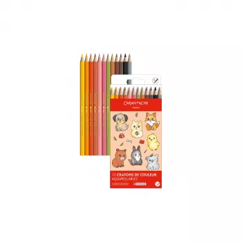CARAN D'ACHE Swisscolor Kawaii Animals akvareliniai spalvoti pieštukai, rinkinys iš 12, kedro mediena, šešiakampiai 1285.803