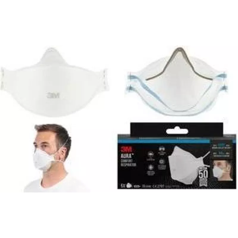 3M Aura 9320+ FFP2 respiratorius be iškvėpimo vožtuvo, 3 dalių plokščias sulankstymas, baltas, 1 vnt.