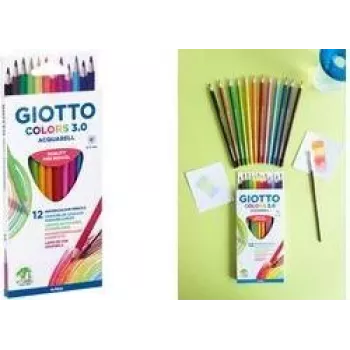 GIOTTO COLORS 3.0 ACQUARELL akvareliniai pieštukai, 12 spalvų, šešiakampiai, 3,0 mm šerdis, kartoninė dėžutė (F277100)