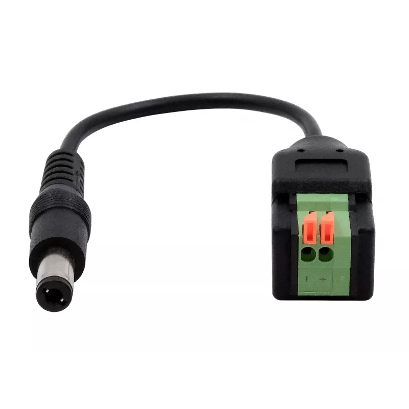 EXSYS EX-49140 DC maitinimo kištukas 5,5x2,1 mm į 2 kontaktų gnybtų bloką adapterio kabelis, 15 cm, su mygtuku