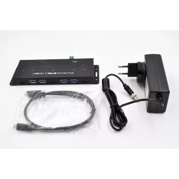 EXSYS EX-1247HMVS 7 prievadų USB 3.2 Gen 2 pramoninis šakotuvas su DIN bėgio tvirtinimu