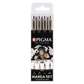 SAKURA Pigma Micron Manga Set Sepia 4 dalių finelinerių ir teptuko rašiklių rinkinys daugkartiniame dėkle POXSDKMAN4