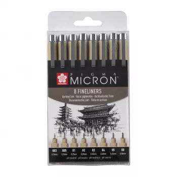 SAKURA Pigma Micron Fineliner rašiklių rinkinys, 8 dalių, juodas, įvairūs antgaliai nuo 0,15 mm iki teptuko POXSDK8