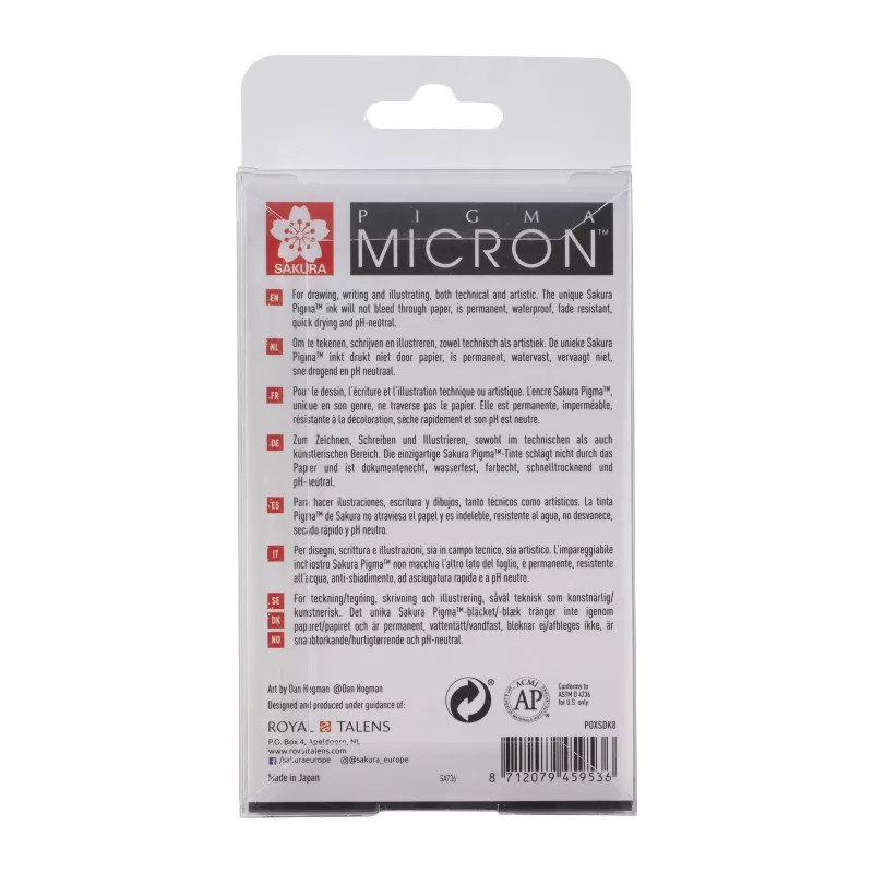 SAKURA Pigma Micron Fineliner rašiklių rinkinys, 8 dalių, juodas, įvairūs antgaliai nuo 0,15 mm iki teptuko POXSDK8
