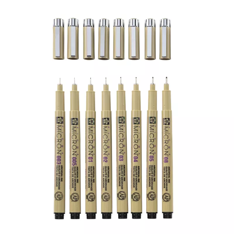 SAKURA Pigma Micron Fineliner rašiklių rinkinys, 8 dalių, juodas, įvairūs antgaliai nuo 0,15 mm iki teptuko POXSDK8