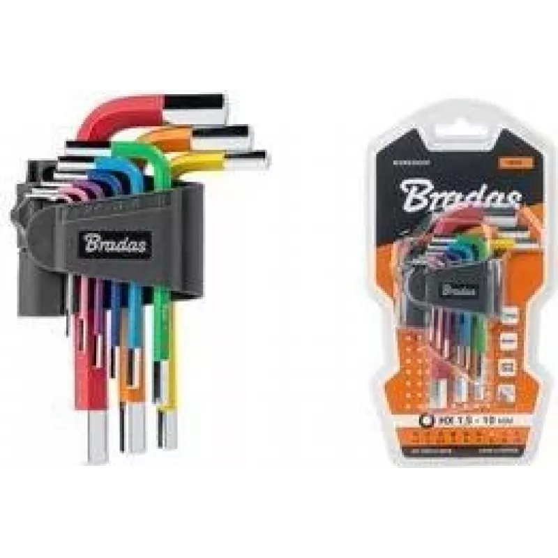 Bradas 9 dalių šešiakampių raktų rinkinys, S2 plienas, įvairiaspalvis, metrinis 1,5-10mm, L formos, spalvomis koduotas, DIY-HKH42-SH/B
